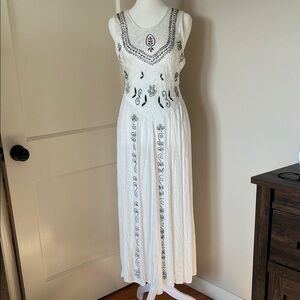 Vintage 90s Y2K White Embroidered Boho drop waist Midi Dress Free Size romantic